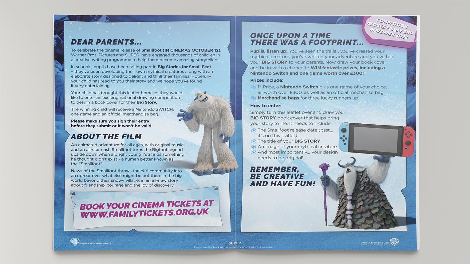 Small Foot film marketing leaflet for families with SUPER